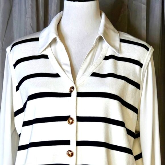Adrianna Papell Striped Button Front Long Sleeve Preppy Knit Sweater Vest Blouse - Picture 5 of 15